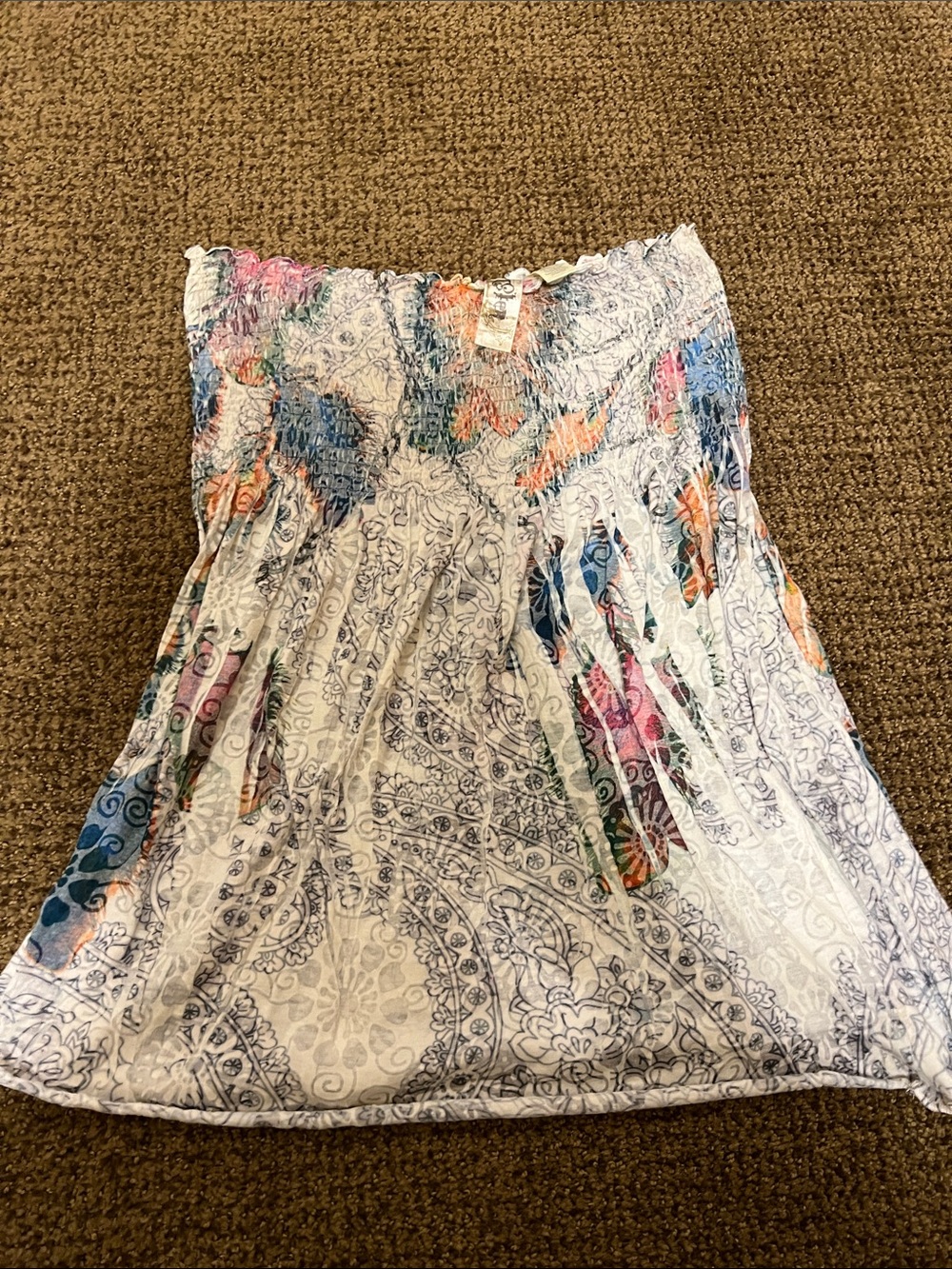 Boho Printed White Smocked Strapless Top